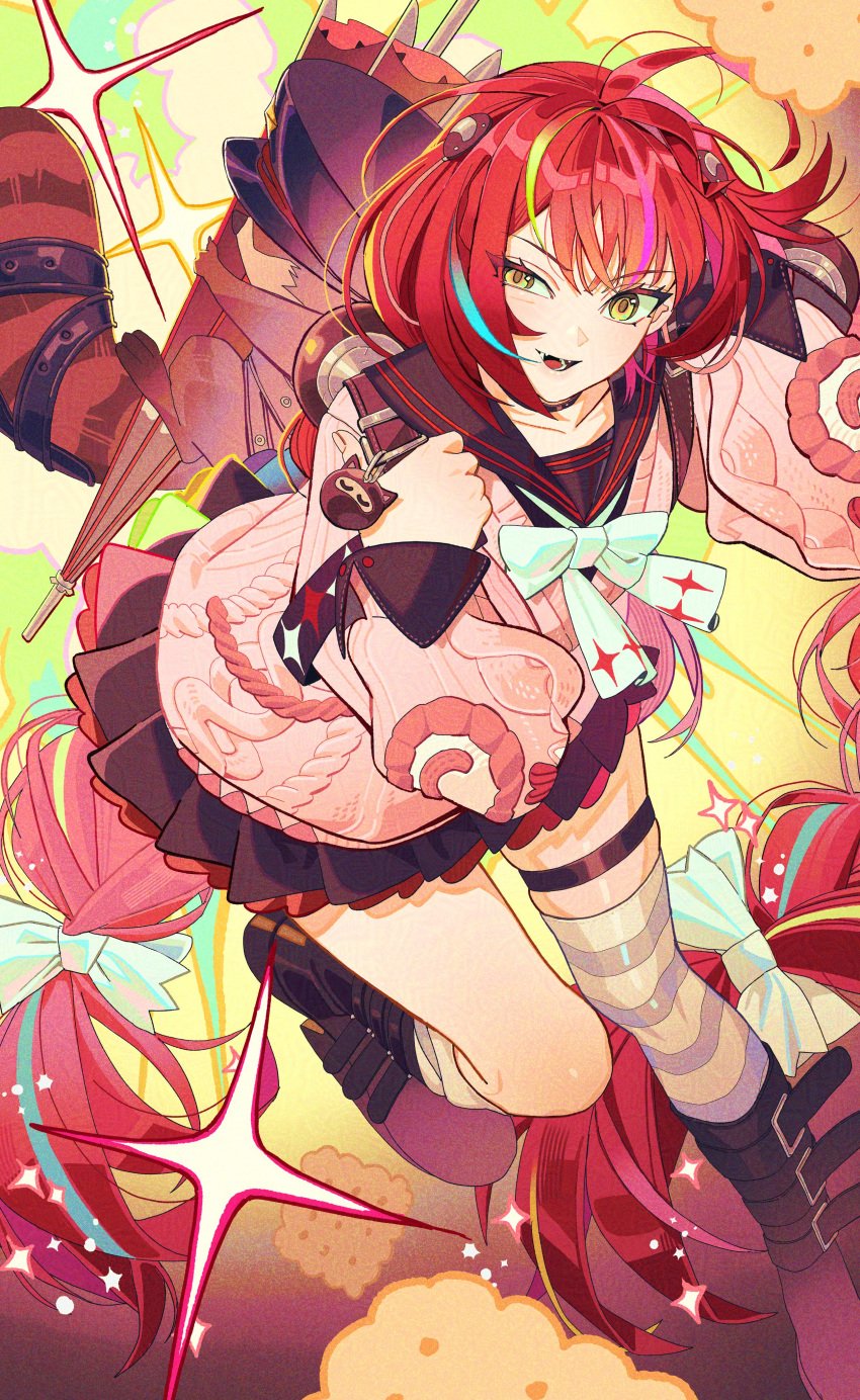 1girl, :d, absurdres, ahoge, animal_on_back, asymmetrical_legwear, biscuit_(bread), black_boots