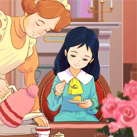 2girls, apron, ascot, blue_dress, blue_hair, blurry, blurry_foreground, brown_hair