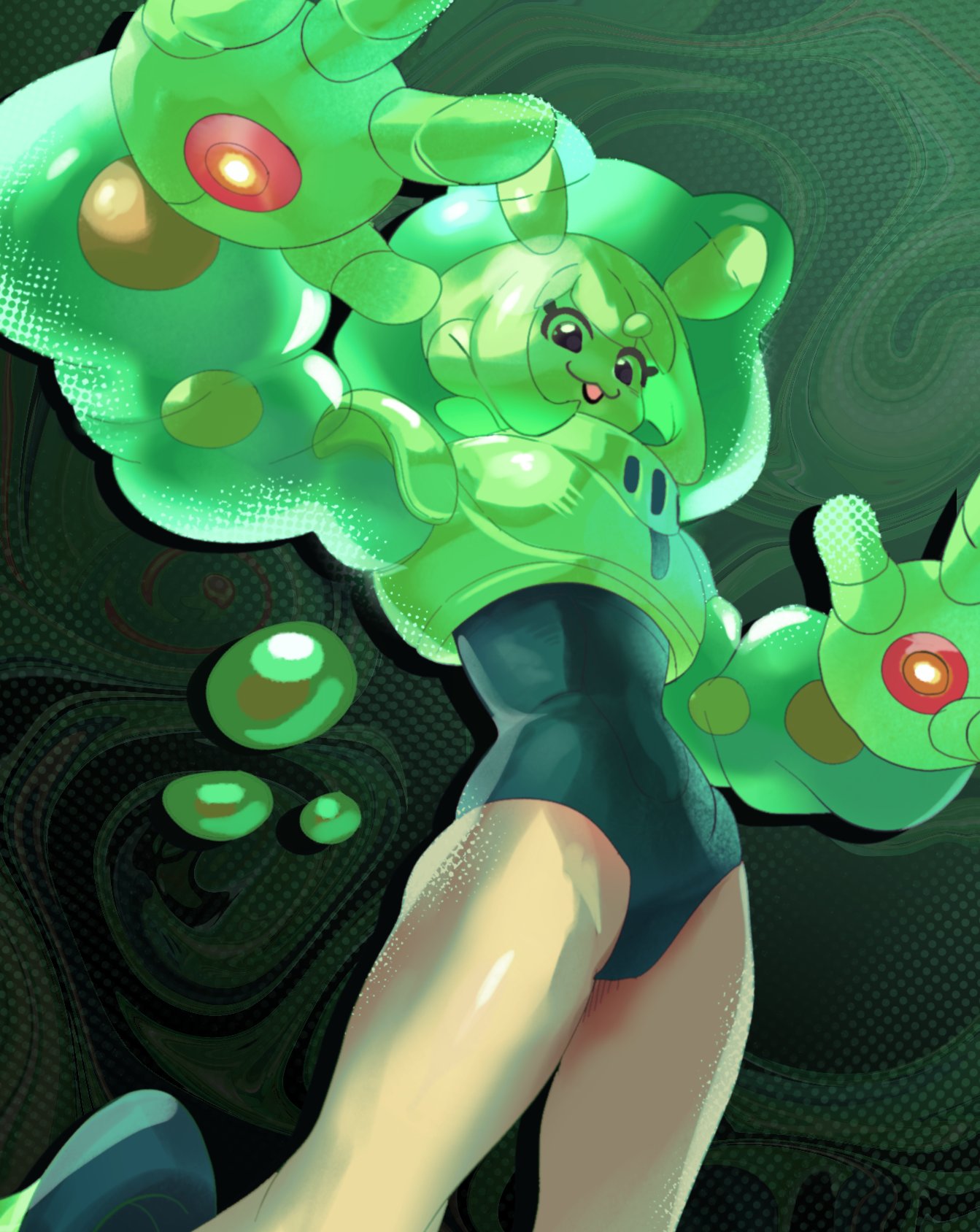 :3, art_fight_attack, black_leotard, commentary, english_commentary, gift_art, green_theme, highres, humanization, leotard, marnie_(marnielovesyou), monster_girl, pokemon, reuniclus, short_hair, slime_girl, smile, solo