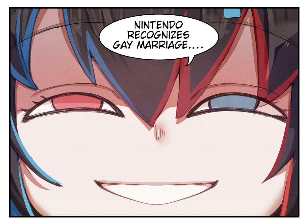 1girl, anya's_heh_face_(meme), at2., black_hair, blue_eyes, blue_hair, english_text, heterochromia