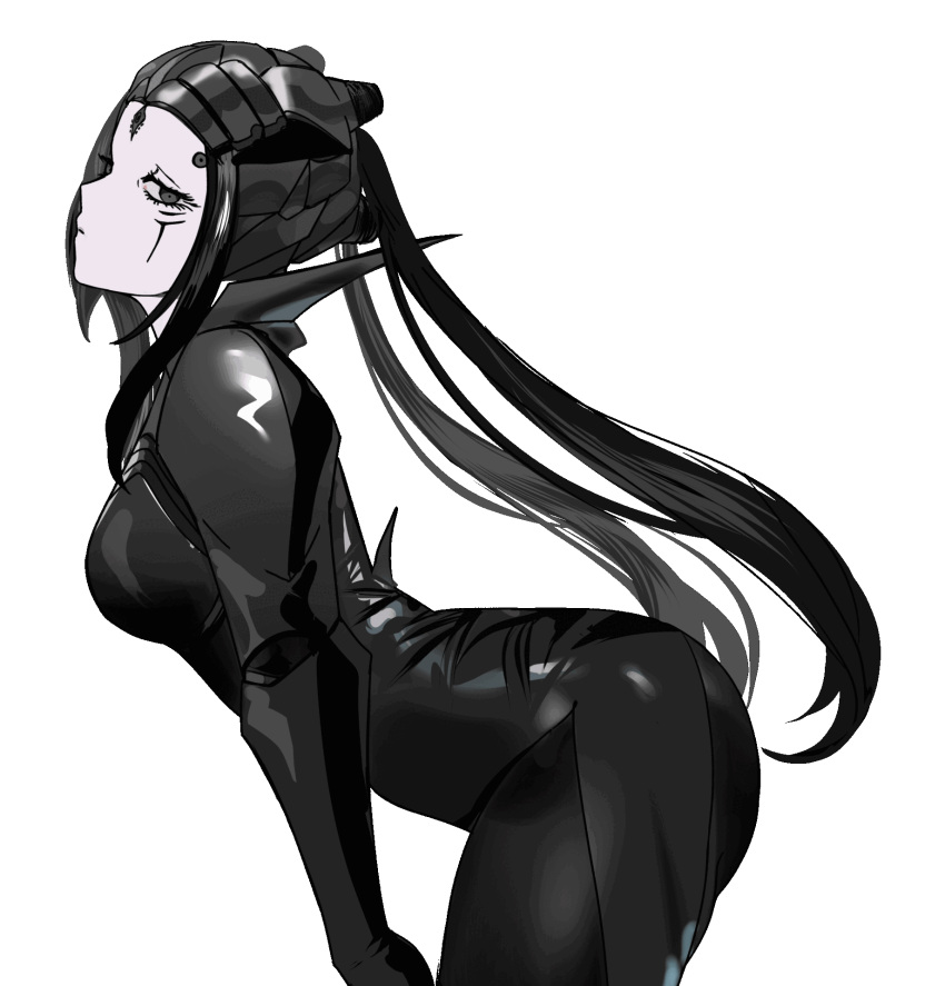 1girl, animated, animated_gif, artist_request, ass_shake, black_bodysuit, black_eyes, black_hair, blame!, bodysuit, breasts, check_artist, expressionless, highres, long_hair, looking_at_viewer, mechanical_hair, medium_breasts, non-web_source, pale_skin, pcell, silicon_creature_(blame!), solo, tagme, transparent_background, twerking, usergore