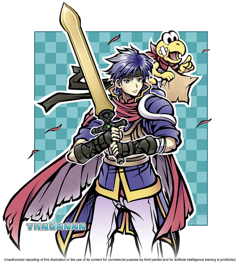 2boys, artist_name, bandaid, bandaid_on_face, blue_eyes, blue_hair, cape, commentary