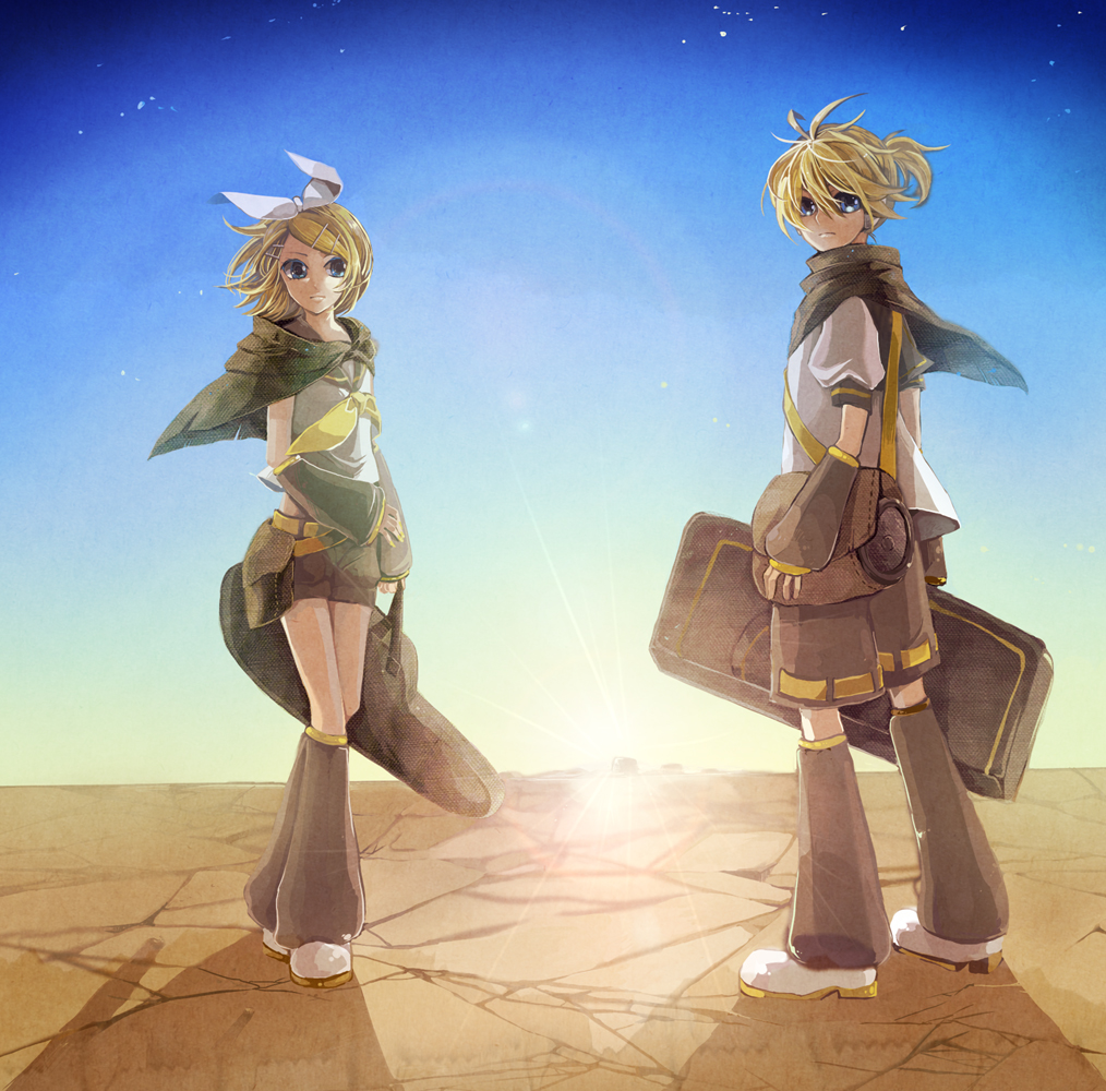 blonde_hair, blue_eyes, cape, desert, female, hair_bow, kagamine_len, kagamine_rin