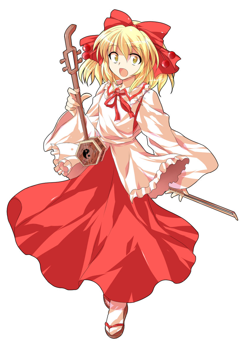 1girl, adairi, alphes_(style), blonde_hair, bow, brown_sandals, commentary_request, dairi, erhu, full_body, hair_between_eyes, hair_bow, hair_ornament, holding, holding_instrument, instrument, large_variant_set, long_skirt, medium_hair, parody, red_bow, red_ribbon, red_skirt, ribbon, sandals, satsuki_rin, skirt, solo, style_parody, tabi, tachi-e, touhou, transparent_background, variant_set, wide_sleeves, yellow_pupils, zouri