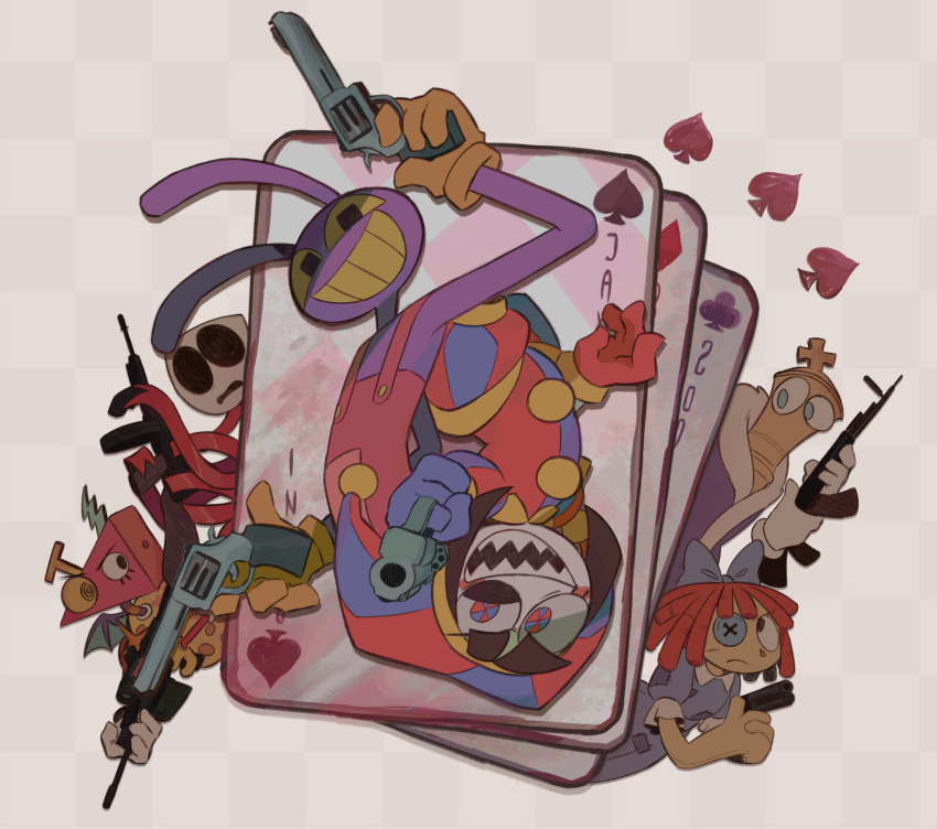 2boys, 4girls, ak-47, assault_rifle, azurfishe, black_eyes, black_hair, blue_eyes, blue_gloves, button_eyes, buttons, card, character_name, colored_sclera, dual_wielding, furry, gangle_(the_amazing_digital_circus), gloves, grin, gun, hand_up, hat, highres, holding, holding_gun, holding_weapon, jax_(the_amazing_digital_circus), jester_cap, kalashnikov_rifle, kinger_(the_amazing_digital_circus), mask, multiple_boys, multiple_girls, overalls, playing_card, pomni_(the_amazing_digital_circus), ragatha_(the_amazing_digital_circus), red_gloves, red_hair, revolver, ribbon, rifle, sharp_teeth, smile, spade_(shape), submachine_gun, teeth, the_amazing_digital_circus, thompson_submachine_gun, weapon, yellow_gloves, yellow_sclera, zooble_(the_amazing_digital_circus)