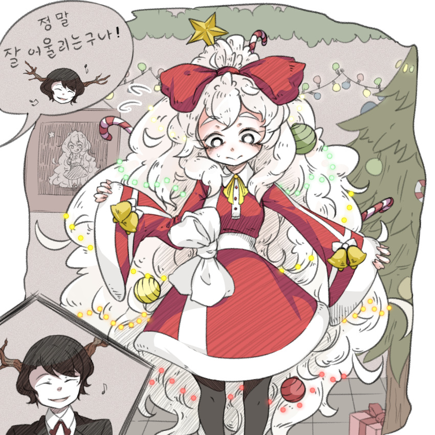 1boy, 1girl, aiden_(hello_charlotte), antlers, bell, black_pantyhose, bow, box