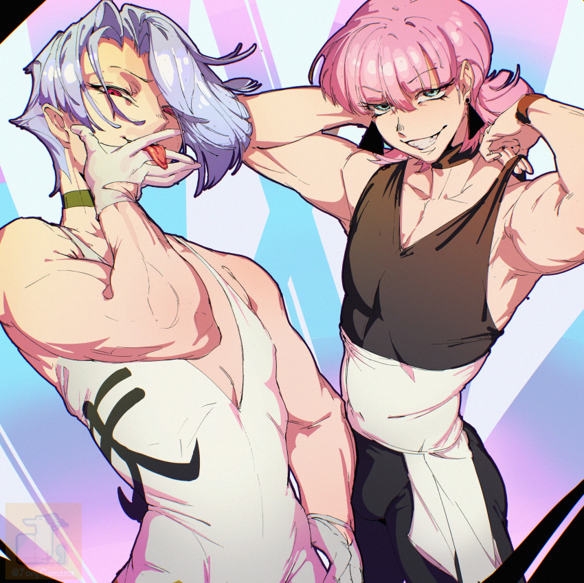 2boys, absurdres, black_jumpsuit, blue_eyes, brothers, cropped_legs, earrings, gloves