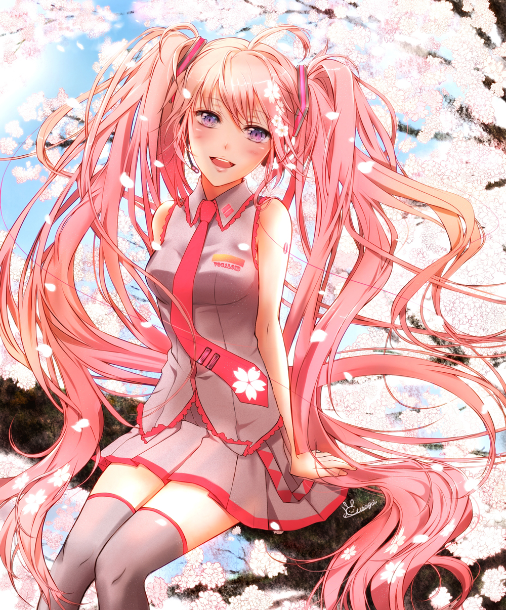 cherry_blossoms, hatsune_miku, headset, highres, in_tree, kin'usagi, kin'usagi, kinusagi, long_hair, necktie, object_namesake, pink_hair, sakura_miku, sitting, sitting_in_tree, skirt, solo, thigh-highs, thighhighs, tree, twintails, very_long_hair, vocaloid