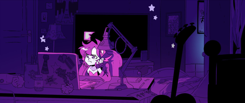 1girl, bed, chair, computer, desk_lamp, guitar, highres, indoors, instrument, lamp, laptop, marnie_(marnielovesyou), mary_rosemary, maryverse, pale_skin, paper, solo, star_(symbol)