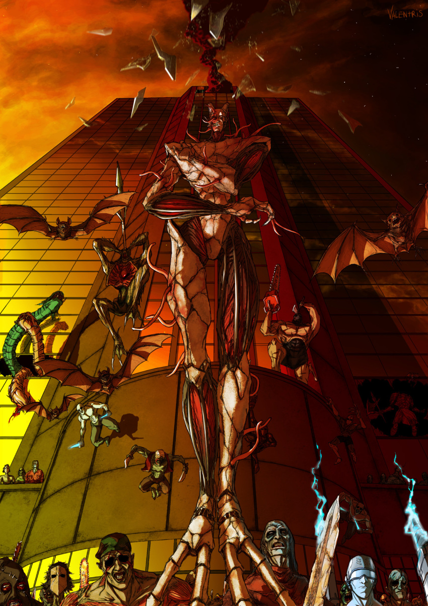 1boy, animal, bat_(animal), building, everyone, exposed_muscle, glass, glass_shards, hierophant_(house_of_the_dead), highres, house_of_the_dead, judgment_(house_of_the_dead), magician_(house_of_the_dead), male_focus, sega, smoke, strength_(house_of_the_dead), sword, tower_(house_of_the_dead), valentrisrrock, weapon, zombie