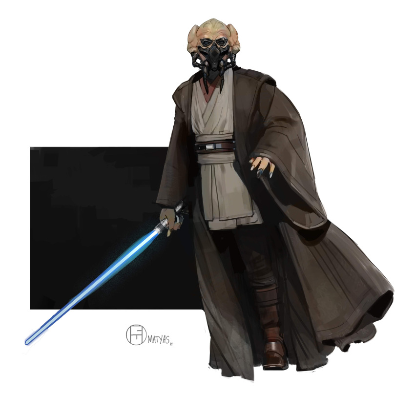 1boy, absurdres, alien, artist_name, black_background, blue_lightsaber, boots, brian_matyas