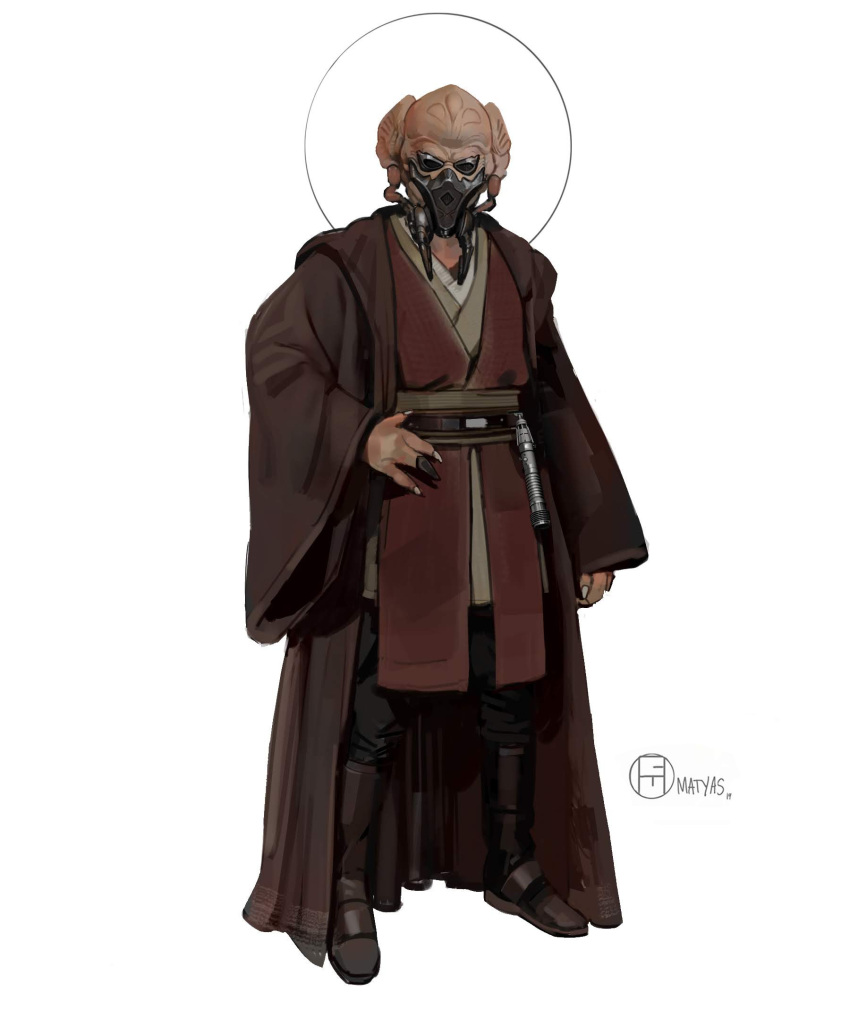 1boy, alien, artist_name, boots, brian_matyas, brown_boots, brown_robe, brown_tunic