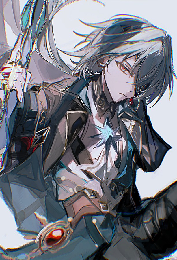 1boy, anaxa_(honkai:_star_rail), aqua_eyes, aqua_hair, ascot, black_jacket, black_pants, chain, closed_mouth, cowboy_shot, earrings, eyepatch, gem, half-closed_eyes, honkai:_star_rail, honkai_(series), jacket, jewelry, looking_at_viewer, male_focus, mg_omom, multiple_rings, one_eye_covered, pants, pink_pupils, red_gemstone, ring, shirt, simple_background, single_earring, solo, twitter_username, white_ascot, white_background, white_shirt