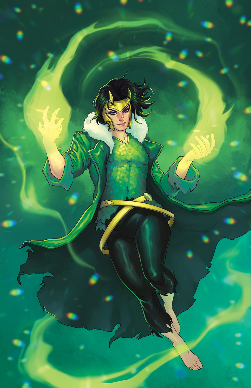 1other, absurdres, androgynous, barefoot, black_hair, black_pants, cape, closed_mouth, fake_horns, floating, flying, fur_collar, glowing, glowing_hand, glowing_hands, gold_headwear, gold_helmet, green_cape, green_jacket, green_shirt, highres, horns, jacket, lady_loki, loki_(marvel), magic, marvel, medium_hair, meghan_hetrick, multicolored_armor, pants, shirt, short_sleeves, simple_background, sleeve_rolled_up, sleeves_rolled_up, superhero_costume, thor_(marvel)_(series), torn_clothes, torn_pants