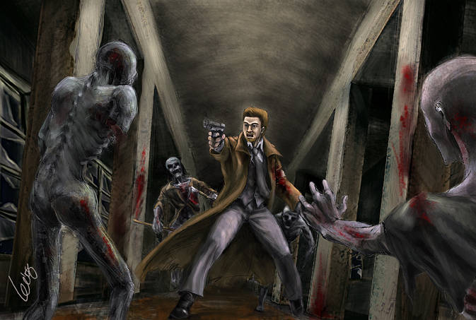 1boy, aiming, ataallgirl, beard, blood, boots, brown_hair, business_suit, coat, facial_hair, gun, handgun, holding, holding_gun, holding_weapon, house_of_the_dead, indoors, male_focus, sega, solo_focus, suit, thomas_rogan, trench_coat, weapon, zombie