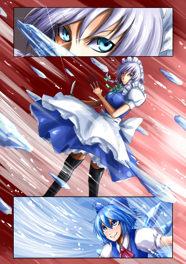 blue_eyes, blue_hair, bow, braid, cirno, comic, dress, hair_bow