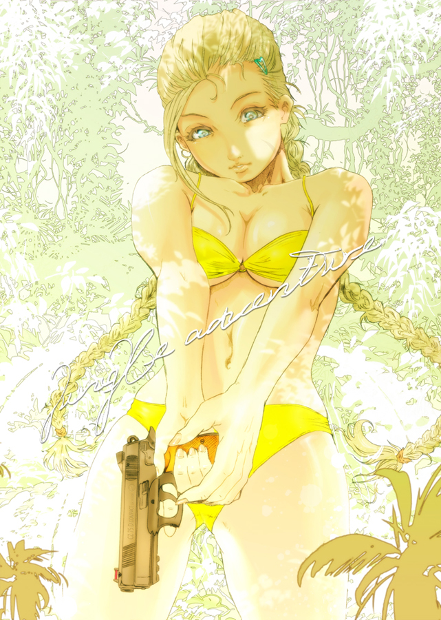 blonde_hair, blue_eyes, braid, breasts, cammy_white, cleavage, cz-75, gun