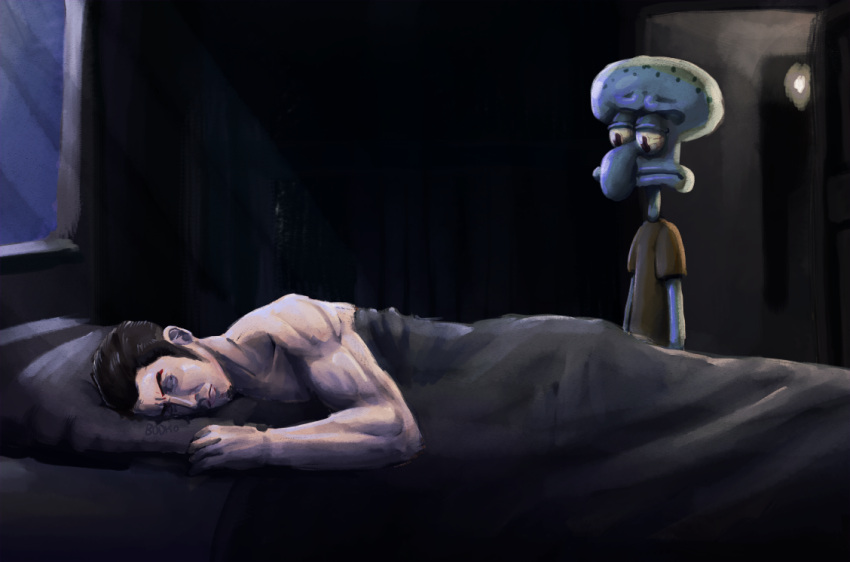 2boys, bare_arms, bare_shoulders, bed, black_hair, blanket, bodko_(comradebodko), crossover