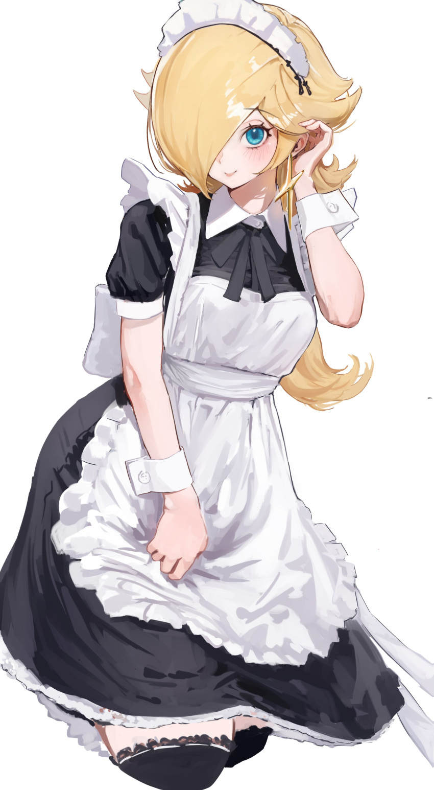 1girl, absurdres, alternate_costume, apron, black_dress, black_thighhighs, blonde_hair, blue_eyes, closed_mouth, dress, earrings, hair_over_one_eye, hashtag-only_commentary, highres, jewelry, long_hair, looking_at_viewer, maid, maid_apron, maid_headdress, mineru128127, rosalina, short_sleeves, smile, solo, star_(symbol), star_earrings, super_mario_bros., thigh-highs, white_background, wrist_cuffs