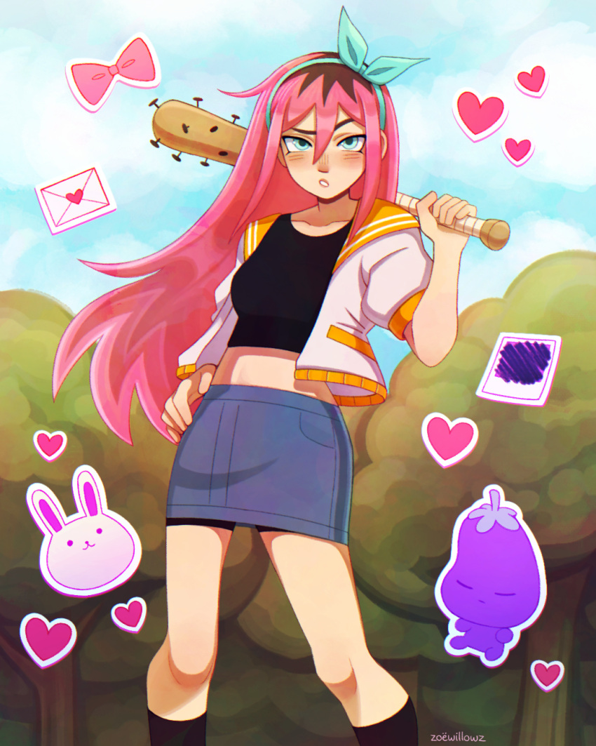 1girl, artist_name, aubrey_(faraway)_(omori), aubrey_(omori), baseball_bat, blue_eyes, blue_hairband, blue_skirt