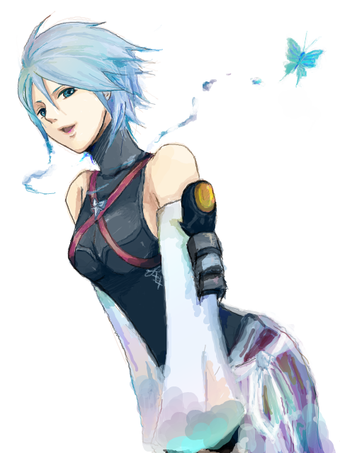bad_id, bare_shoulders, blue_eyes, blue_hair, butterfly, detached_sleeves, kingdom_hearts, kingdom_hearts_birth_by_sleep