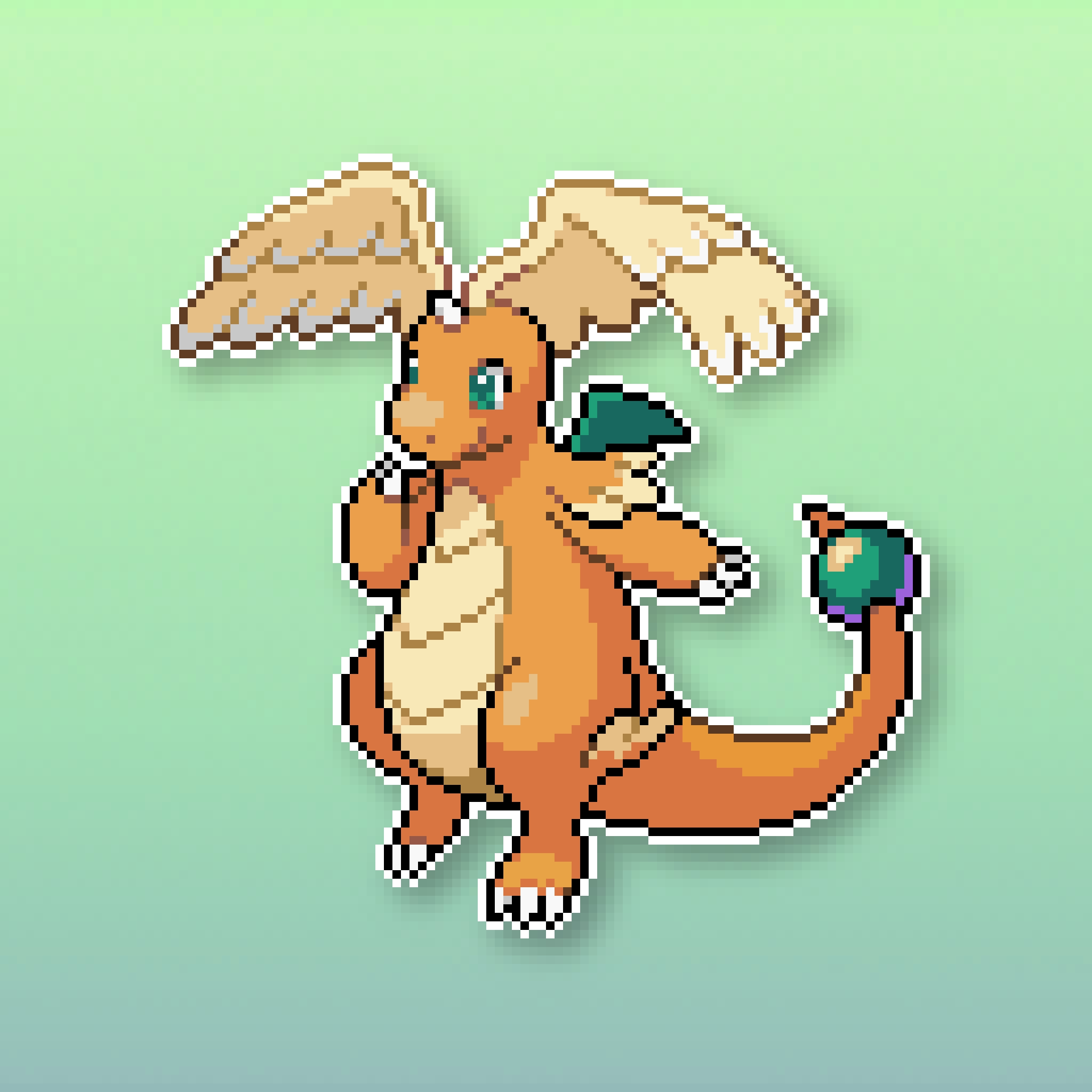 colored_skin, dragonite, feathered_wings, gradient_background, green_background, green_eyes, head_wings, highres