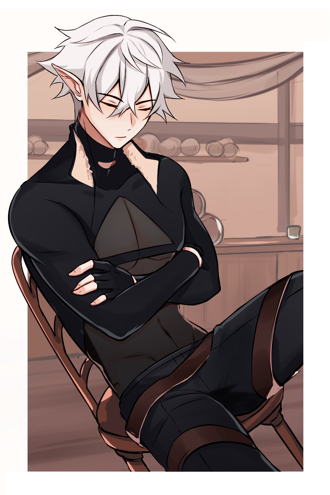 1boy, 1hp_club, black_gloves, black_shirt, border, chair, chest_belt, closed_eyes