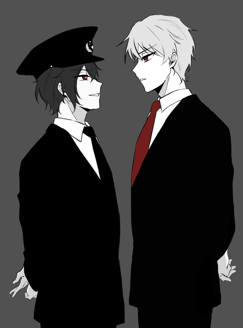 2boys, absurdres, black_suit, business_suit, collared_shirt, formal_clothes, grey_hair, hat