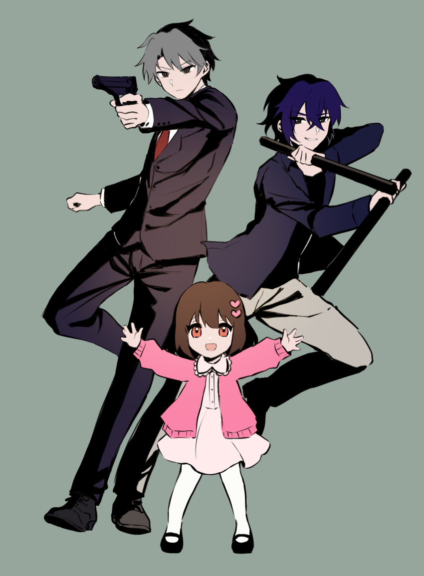 1girl, 2boys, absurdres, black_hair, black_suit, blue_eyes, blue_hair, blue_jacket