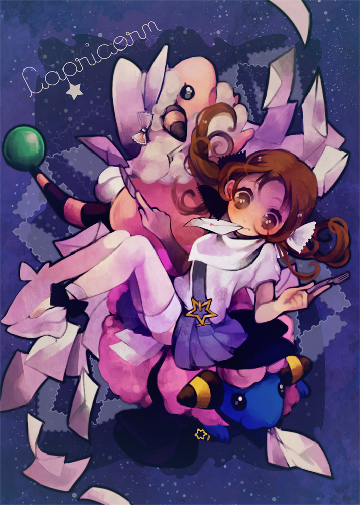 1girl, bag, blue_background, brown_eyes, brown_hair, cabbie_hat, cambo_copoca, clothed_pokemon