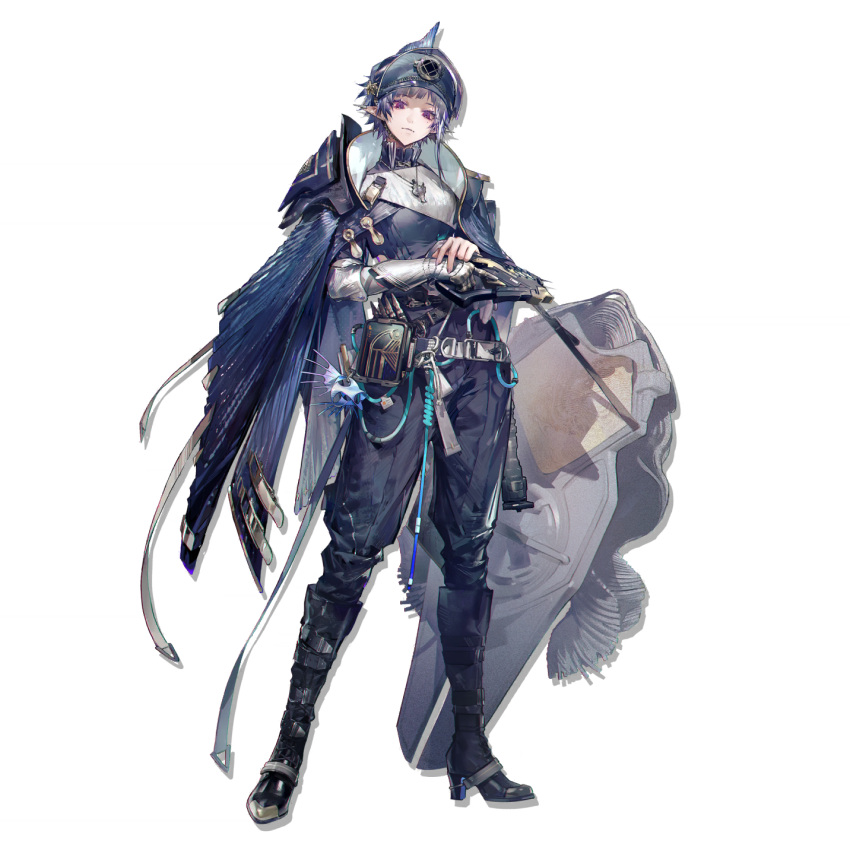 1girl, arknights, armor, belt, boots, cape, from_below, full_body