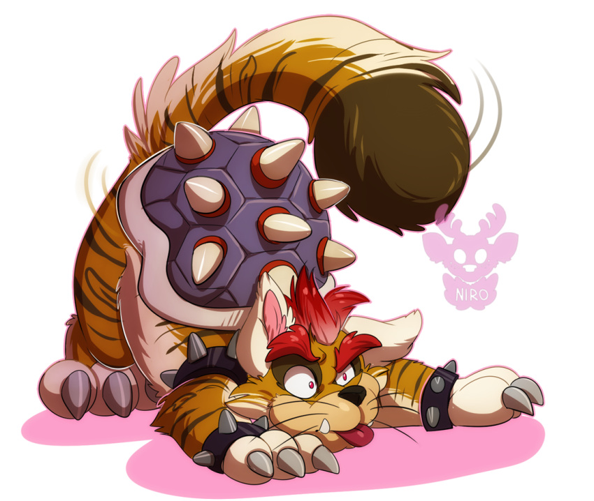 1boy, all_fours, animal_ears, armlet, artist_name, bowser, bracelet, cat