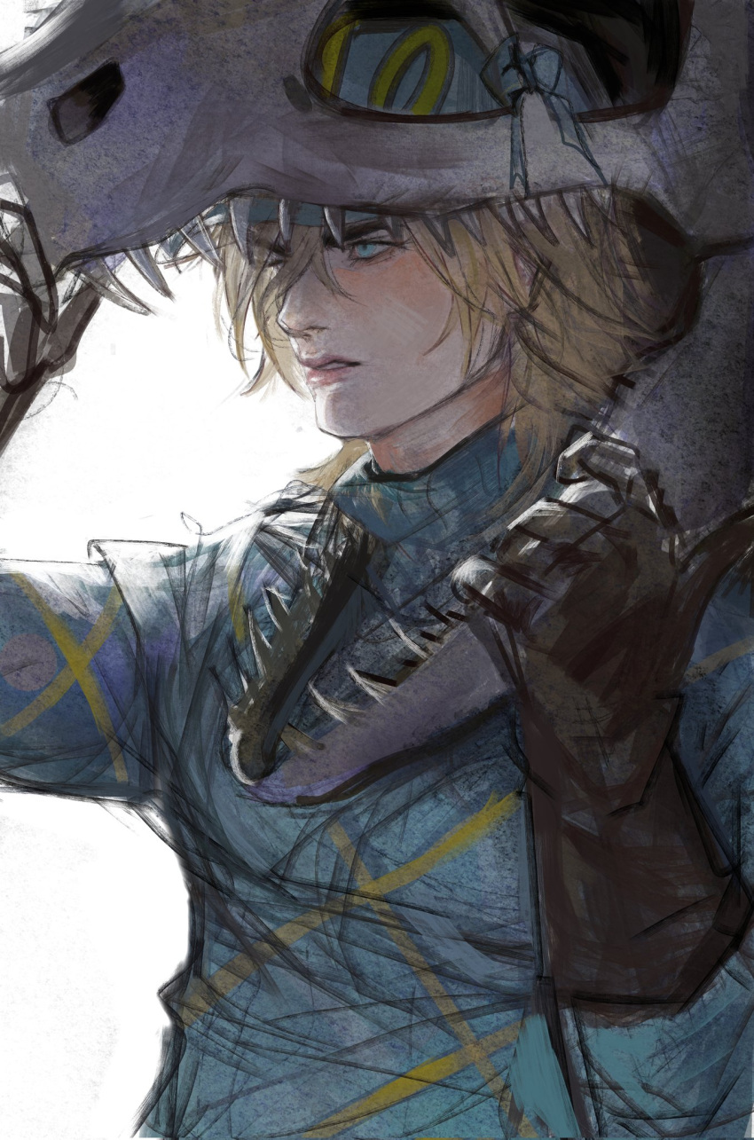 1boy, black_gloves, blonde_hair, blue_eyes, blue_helmet, blue_sweater, daniimouwry, diego_brando