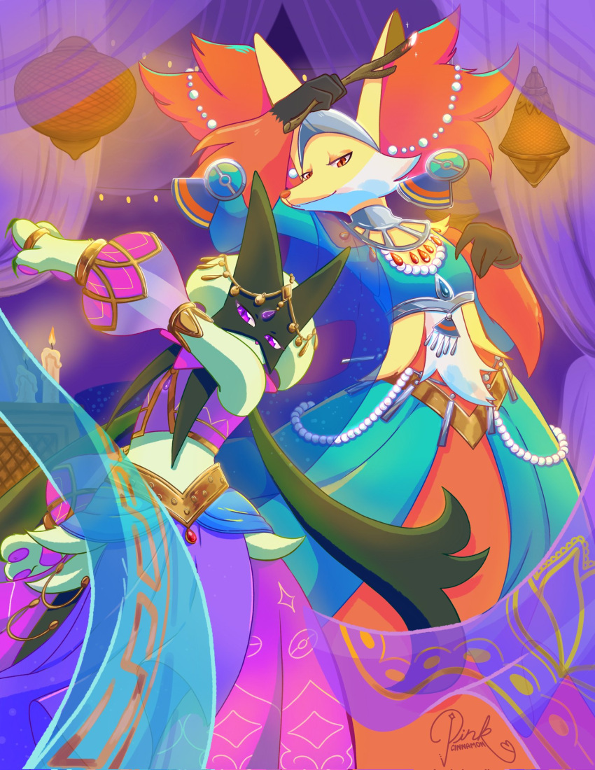 animal_ear_fluff, arabian_clothes, clothed_pokemon, delphox, delphox_(sacred), detached_sleeves, green_fur, highres, looking_at_viewer, meowscarada, meowscarada_(dancer), official_alternate_costume, pinkcinnam0n, pokemon, pokemon_(creature), pokemon_unite, puffy_sleeves, red_eyes, signature, two-tone_fur, violet_eyes, white_fur, yellow_fur