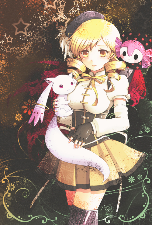 beret, blonde_hair, charlotte_(madoka_magica), corset, drill_hair, en_la_festa, finger_to_mouth, hat, kyubey, light_smile, magical_girl, mahou_shoujo_madoka_magica, star, thigh-highs, thighhighs, tomoe_mami, twin_drills, yellow_eyes, zettai_ryouiki