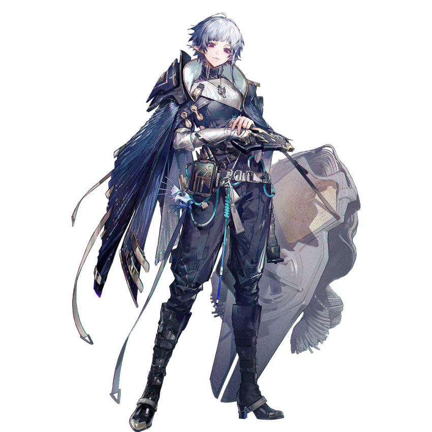 1girl, arknights, armor, belt, boots, cape, from_below, full_body