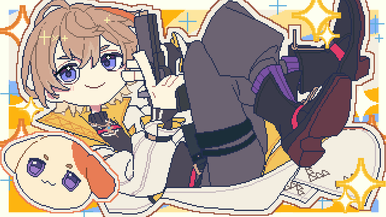1boy, :3, ankle_boots, black_boots, black_pants, black_shirt, blue_eyes, boots, border, brown_hair, coat, commentary_request, fura_kanato, fura_kanato_(1st_costume), gun, handgun, holding, holding_gun, holding_weapon, jisshu, kiironoko_(fura_kanato), looking_at_viewer, male_focus, multicolored_hair, nijisanji, orange_hair, outline, pants, pixelated, shirt, short_hair, smile, solo, sparkle, streaked_hair, thigh_strap, voltaction, weapon, white_coat, yellow_background