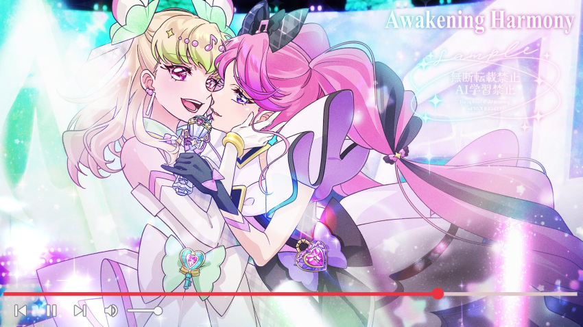 2girls, bare_arms, bare_shoulders, black_gloves, black_hair, blonde_hair, blunt_bangs, braid