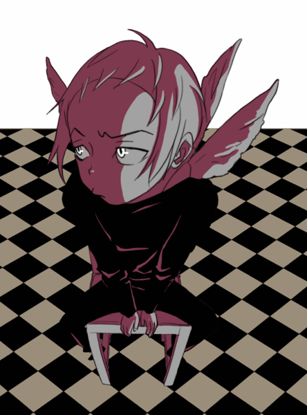1boy, argyle, artist_request, bakuman, bangs, blunt_bangs, chair, frown