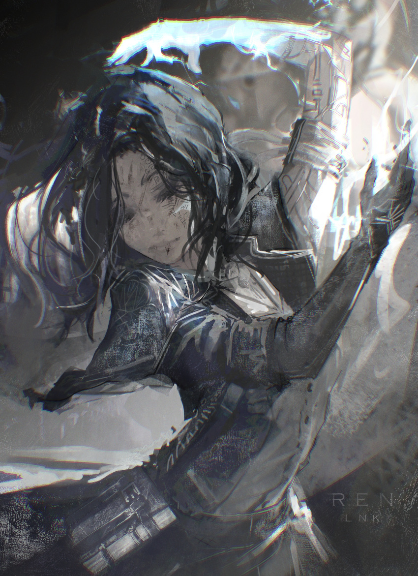 1girl, absurdres, black_hair, clair_obscur:_expedition_33, closed_eyes, highres, injury, lightning, lune_(clair_obscur:_expedition_33), magic, medium_hair, ren_lnk, sigil, solo, tattoo