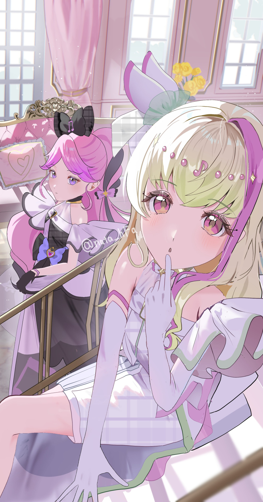 2girls, absurdres, bare_arms, bare_legs, bare_shoulders, black_gloves, black_hair, blonde_hair