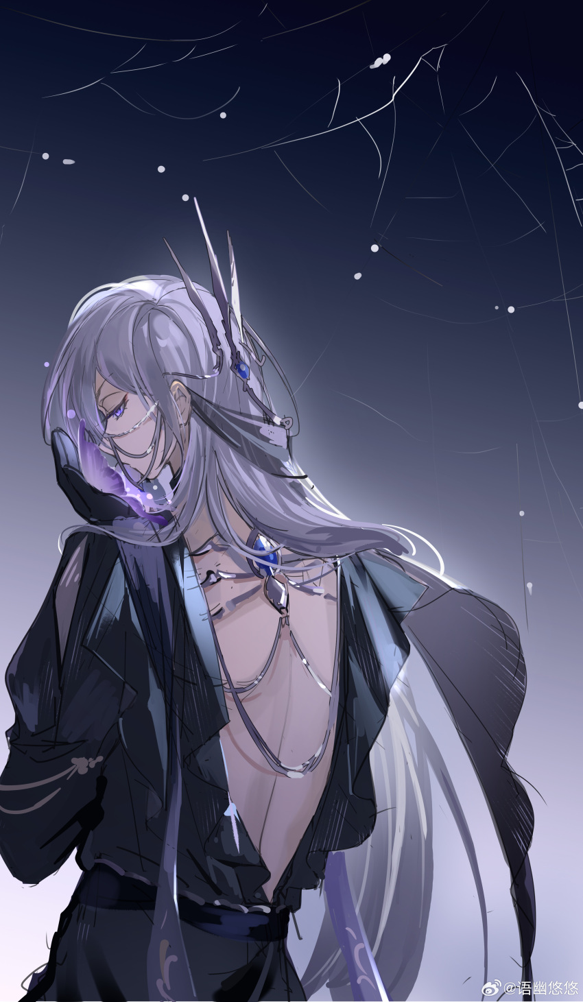 1boy, absurdres, back, backless_outfit, black_background, black_robe, black_veil, bug