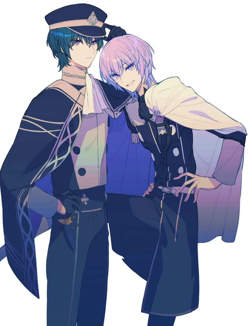 2boys, ascot, black_cape, black_gloves, blue_eyes, blue_hair, cape, closed_mouth