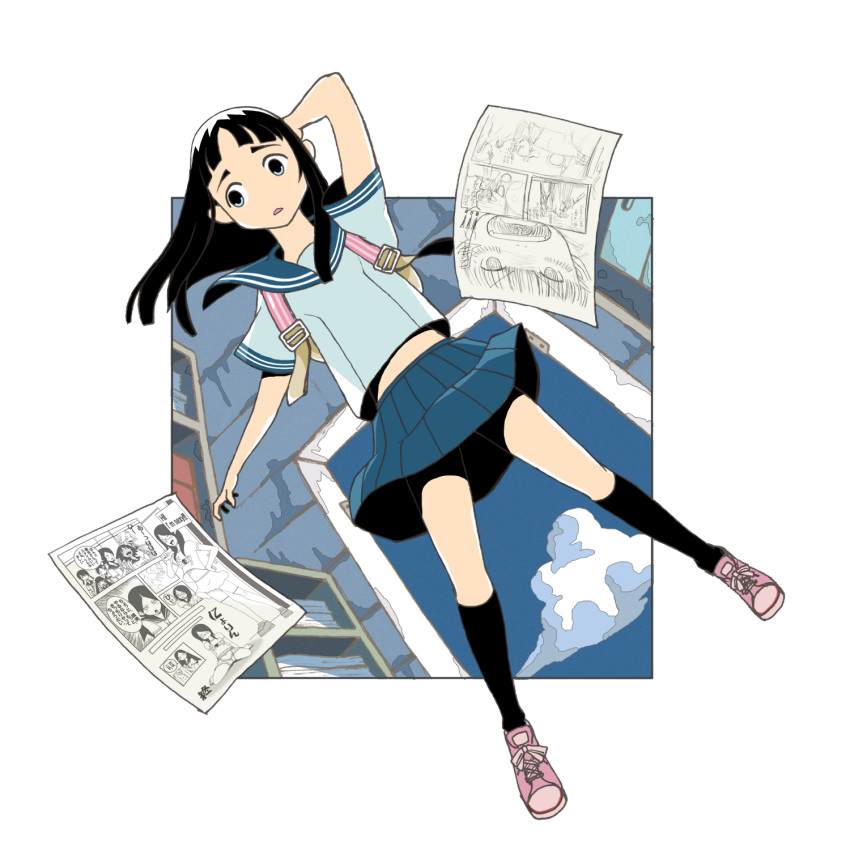 1girl, akiteru, arm_behind_head, arm_up, black_hair, black_socks, blue_sailor_collar, blue_skirt