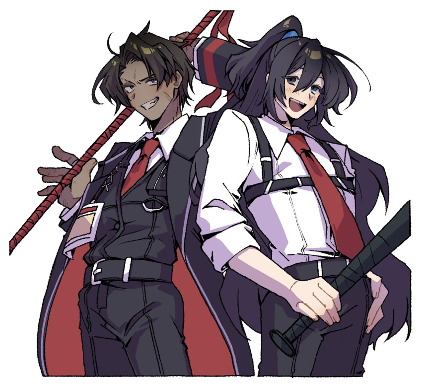 2boys, :d, baseball_bat, belt, belt_buckle, black_belt, black_coat, black_eyes