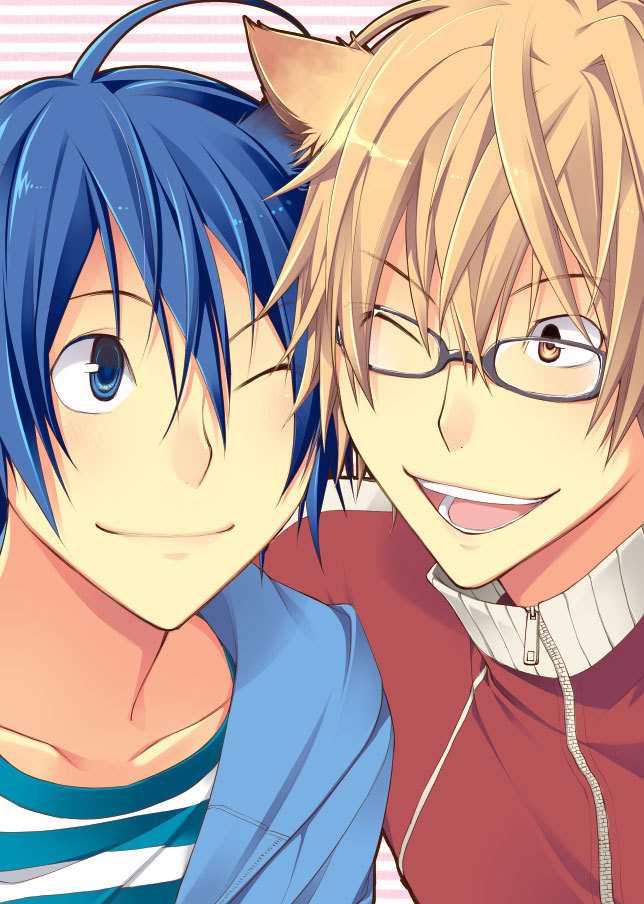 2boys, ahoge, animal_ears, bakuman, blonde_hair, blue_eyes, blue_hair, brown_eyes