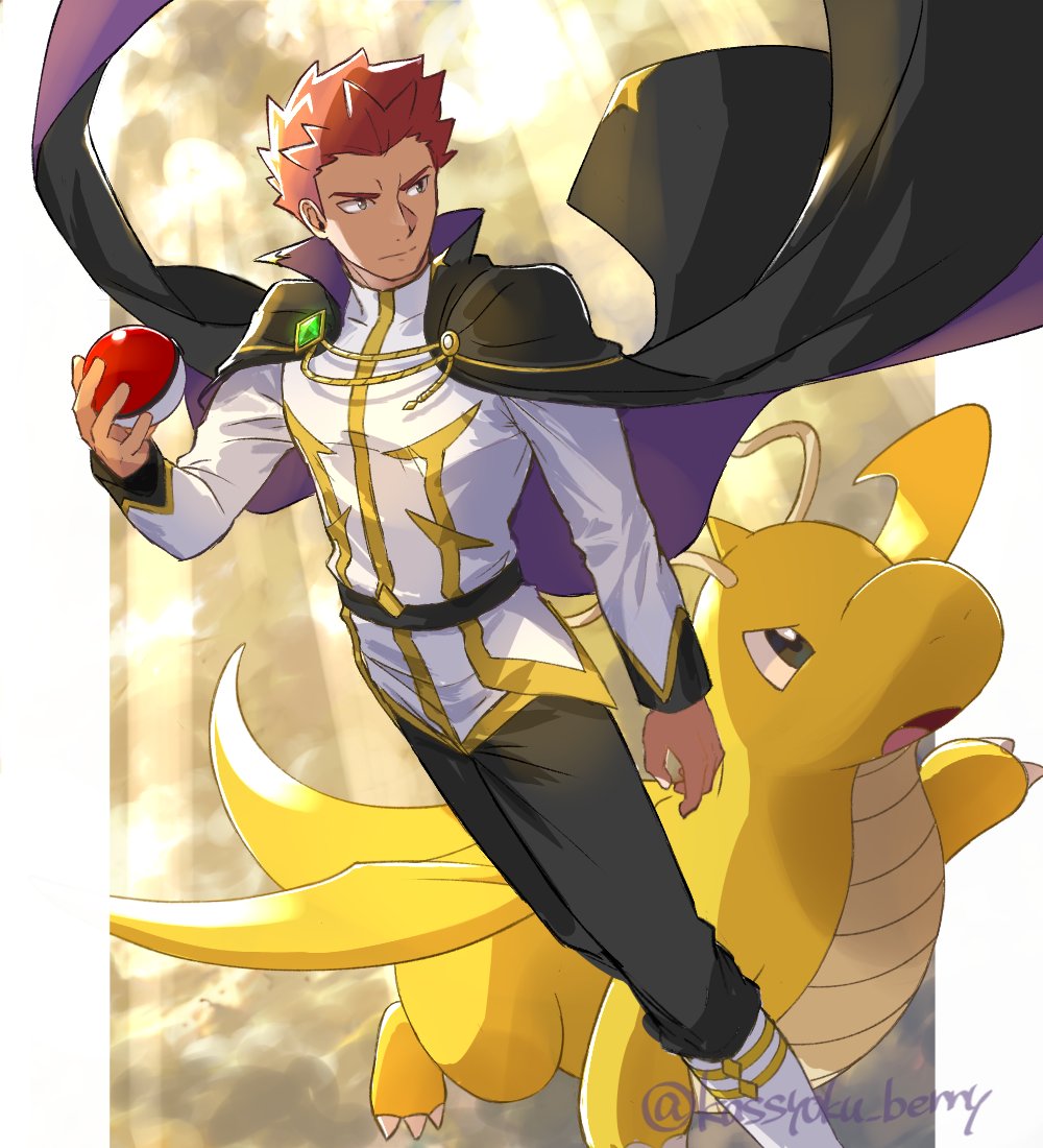 1boy, beri_(kassyoku_berry), black_cape, cape, dragon_wings, dragonite, holding, holding_poke_ball
