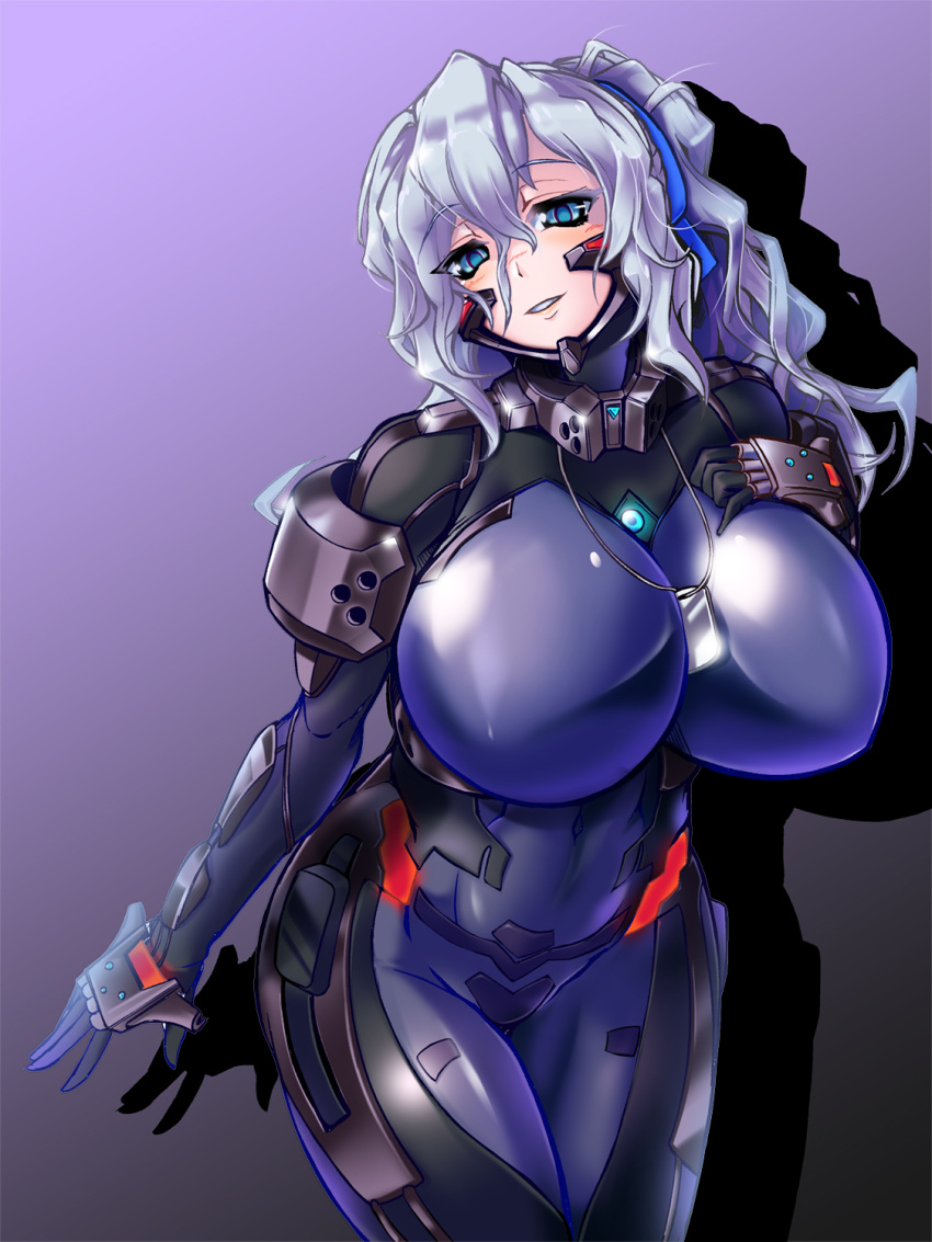 1girl, blue_eyes, bodysuit, breasts, commission, dog_tags, fortified_suit, hair_ribbon