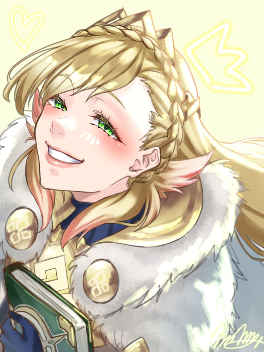 1girl, blue_gloves, blush, book, commentary_request, cosplay, fire_emblem, fire_emblem_heroes