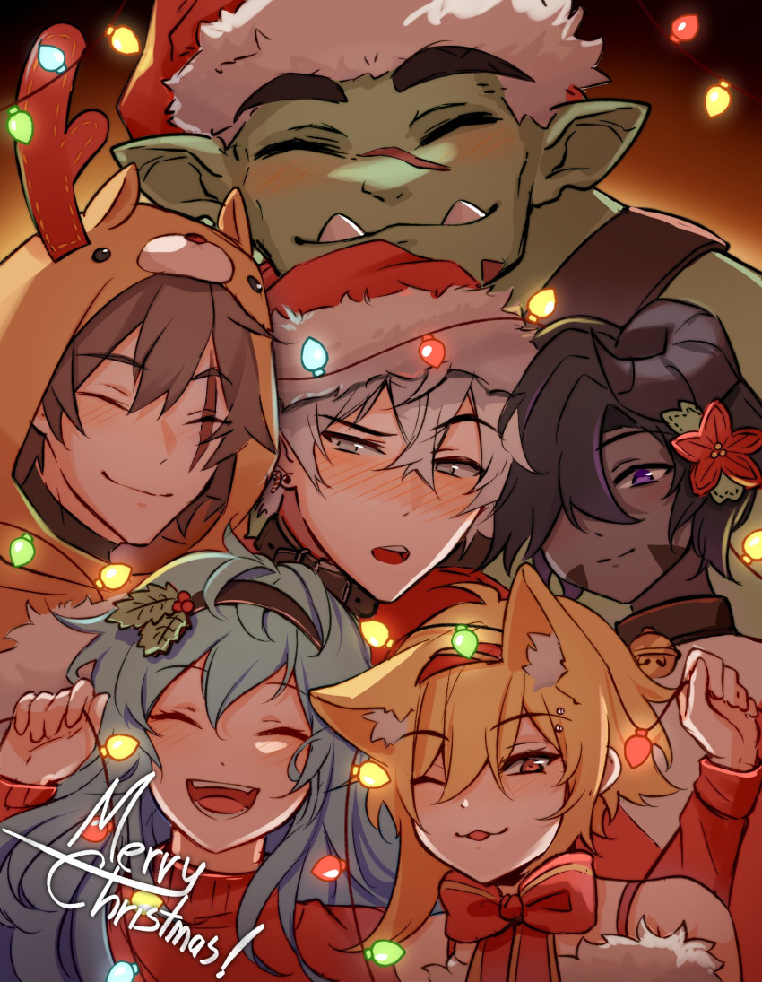 1hp_club, 3boys, 3girls, :o, ;p, alice_(1hp_club), animal_ears, animal_hood